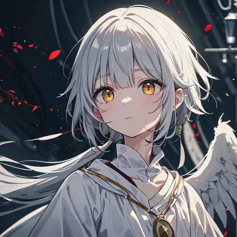 Medieval face、Grey Hair、Extended bangs、 puffy eyes ((One eye red、Yellow))、wing(( one side black 、one side white )) black outer 、 white inner、 fantasy、High image quality、Dark atmosphere