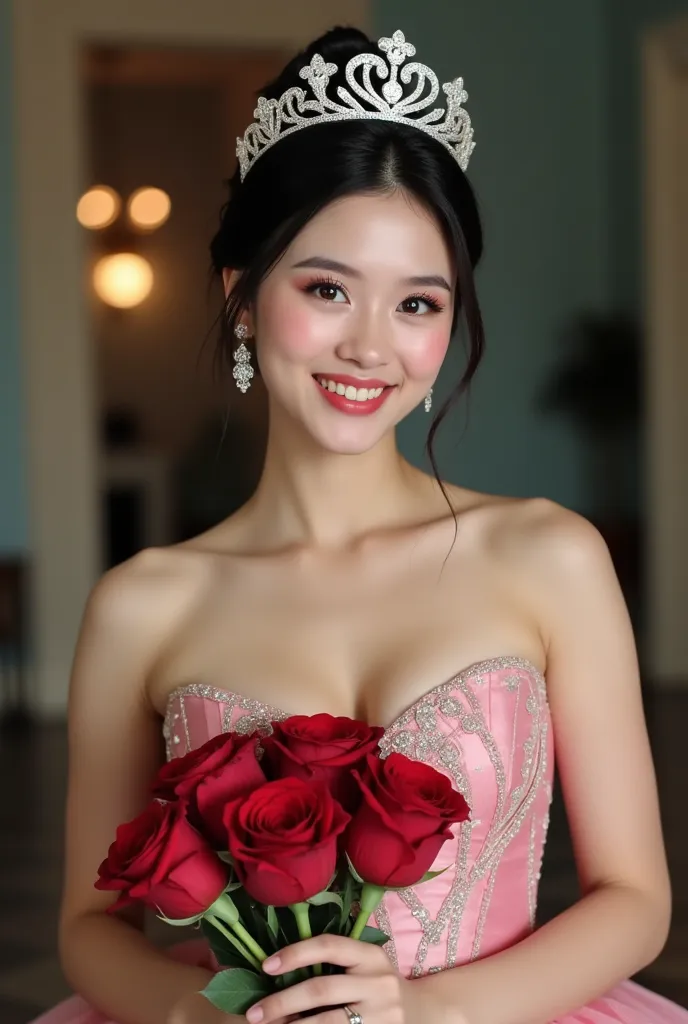 is smiling .  wearing a crown in a prom dress. beautiful woman with red roses in her hands . full hd.  actual