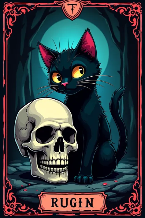 skull, black cat, tarot, officer,  cartoon , Logo 