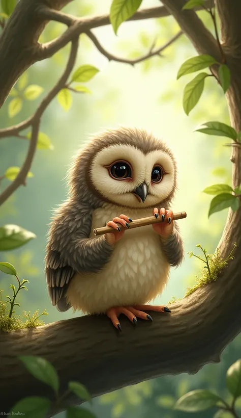 A mini owl cub playing the flute