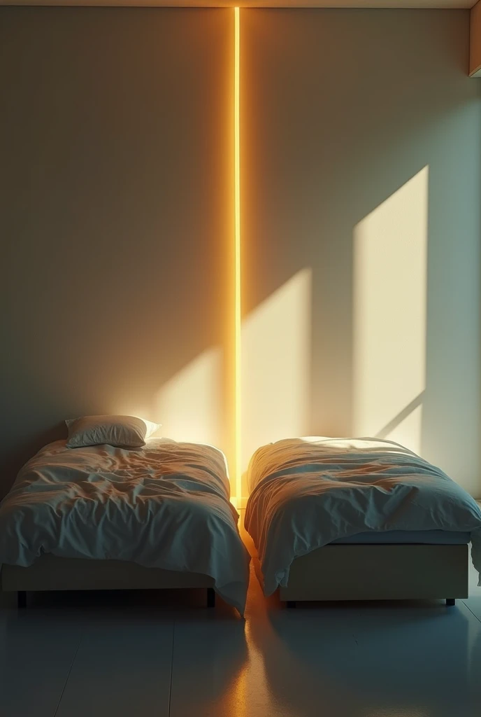  lyrics, 8K ultra HD, a bed split in half positioned on the side of the camera with a thong thrown up in a room that is very minimalist but at the same time futuristic, with a beam of light dimly illuminating a broken bed with yellow light 
