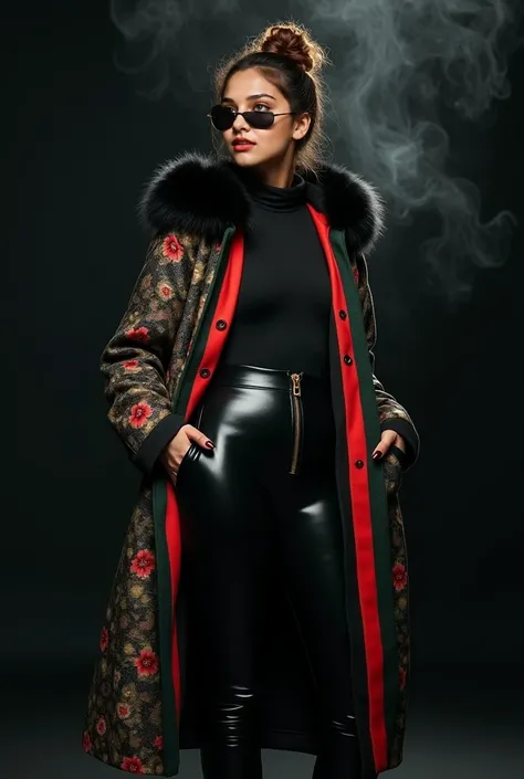 Healthy and curvy beautiful tanned japanese woman,wearing a very large tight leather vertical black and floral print stripe coat with gucci design dark green and red lines and black sequin fabric turtle neck top tucked inside latex pants, gold zipper, thic...