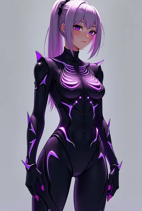  create a female hero costume , cuerpo completo,  colors black and purple , elegant, BNHA Anime Style , pantalones baggy, tight sleeves , super elegant y futurista,  transparent parts in the shape of ribs, bnha style