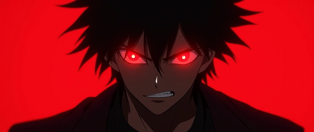  Make the anime character completely black with red eyes,  with rays coming out , on a red background, its like hes angry ,  with short hair 