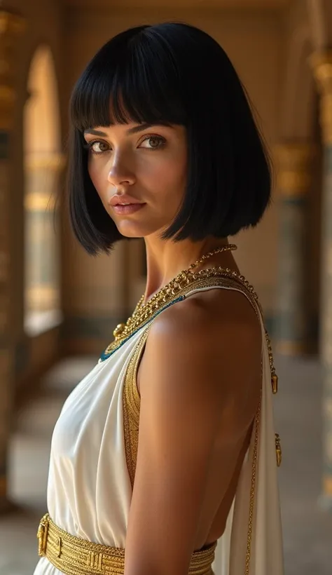  Cleopatra、Arab、１０代woman、Very beautiful eyes、Moisturized lips、woman, black short straight hair,  dark eyes,  wearing an ancient Egyptian royal costume, White and Gold,  WEARING ,  standing on top of her head ,   full body shot ,  looking at the camera ,  i...