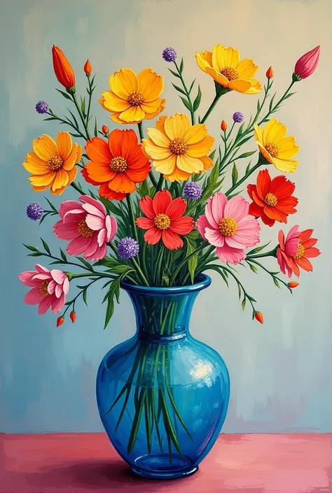 tempera paint that is a vase with small and delicate Van Gogh style flowers with the scales of these colors Cadmium Yellow, orange,  Crimson Red , Emerald green, Cerulean Blue , violet and white