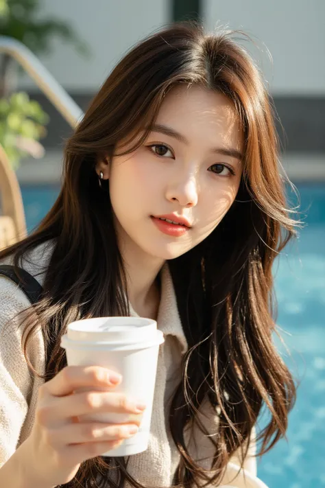 A cute selfie from the first perspective of a 33-year-old female CEO of a listed company, with no makeup. She has an oval face, dark brown chest-length straight hair with some light highlights, wearing high-end fashion brand clothing, and holding a cup of ...