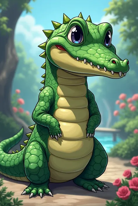 An anime-like female crocodile with black eyes and outlined
