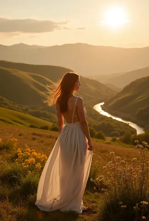 A picturesque countryside scene illuminated by the warm golden light of the setting sun, evoking the tranquil beauty of rural life. A red-haired woman stands gracefully in the foreground, her hair flowing gently in the sunlight. She is dressed in an elegan...