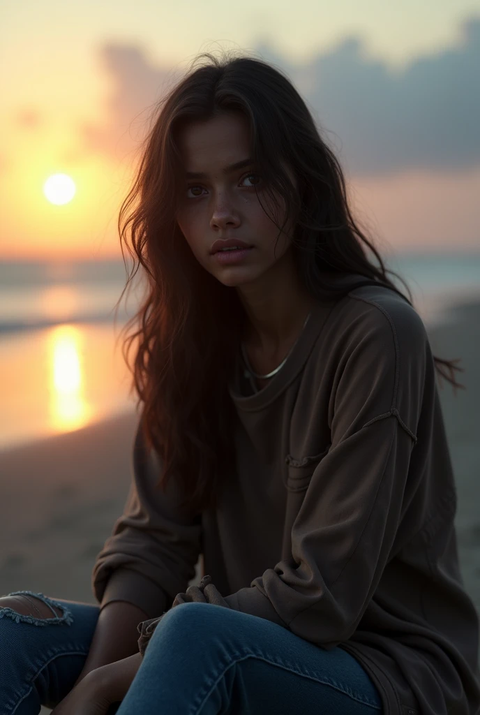 An Indian girl sitting alone in a melancholic mood, deeply sad with tears forming in her eyes. She is wearing a trending clothes.the background is sunset time  such side of a beach with soft evening muted lighting. Her expression conveys deep sorrow and lo...