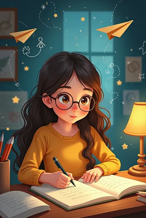 art Cartoon style about a girl with long, slightly wavy brown hair, brown eyes, wearing glasses, wrinting stories and imagining universes