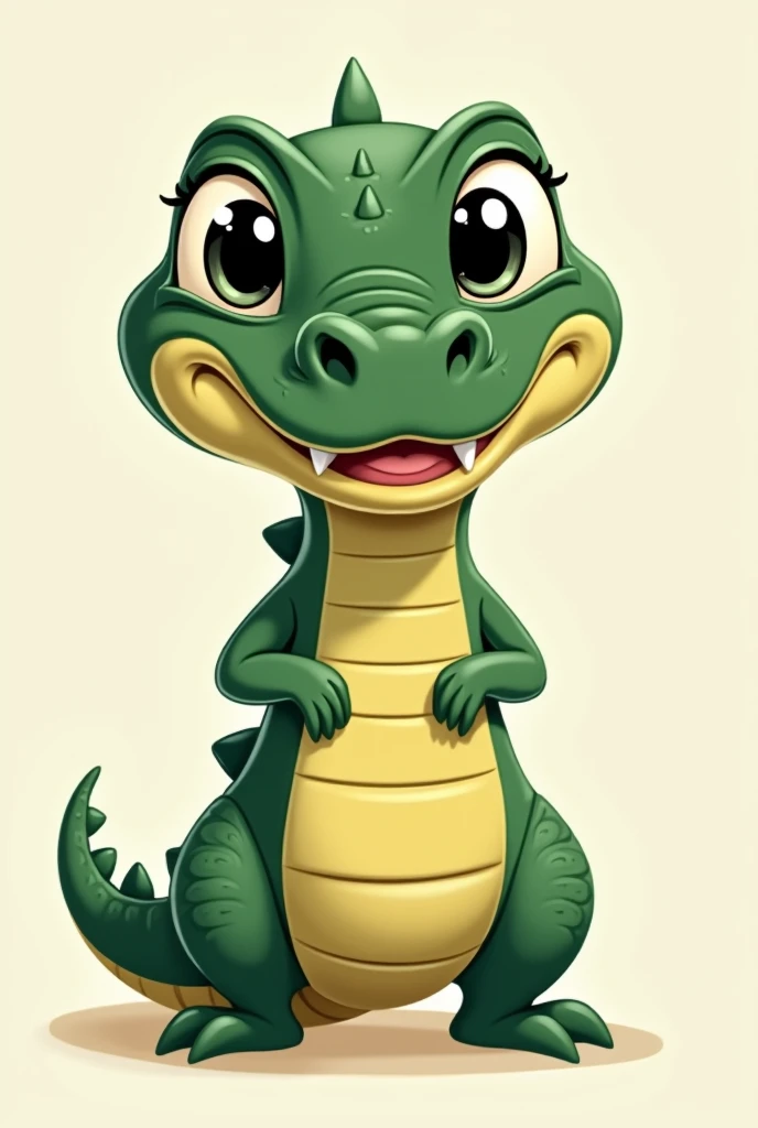 A female cartoon-like crocodile with black eyes and outlined
