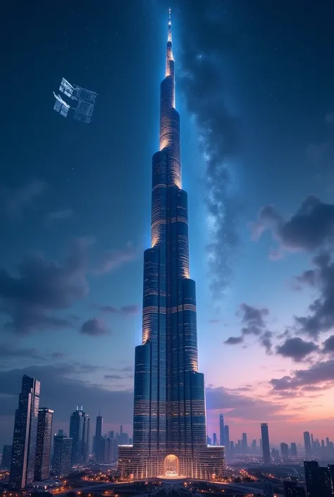 Make an image looking a few kilometers from your window,  showing a building similar to the Burj Khalifa ,  and that its height looks very impressive , all this at night ,  while in the upper left part you can see the international space station ,  but not...