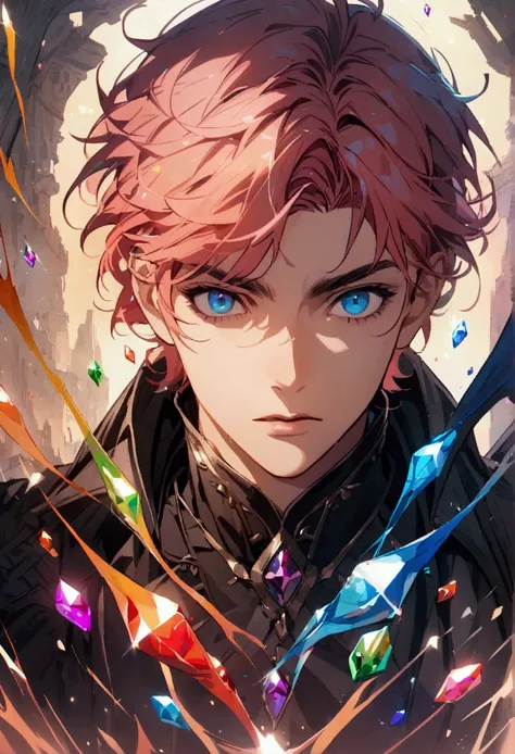 Boy with pink-orange hair and blue eyes with 7 gems of different colors