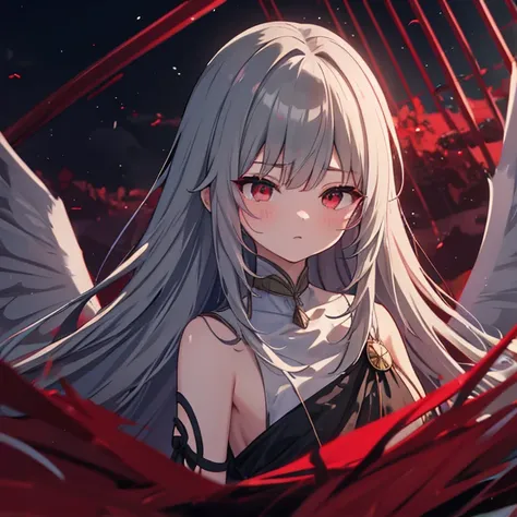 Medieval face、Grey Hair、Extended bangs、 puffy eyes ((Red and Black))、wing((dark red))、 black outer 、 white inner、 fantasy、High image quality、Dark atmosphere