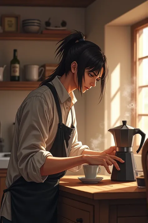 Man with long, tied hair making coffee