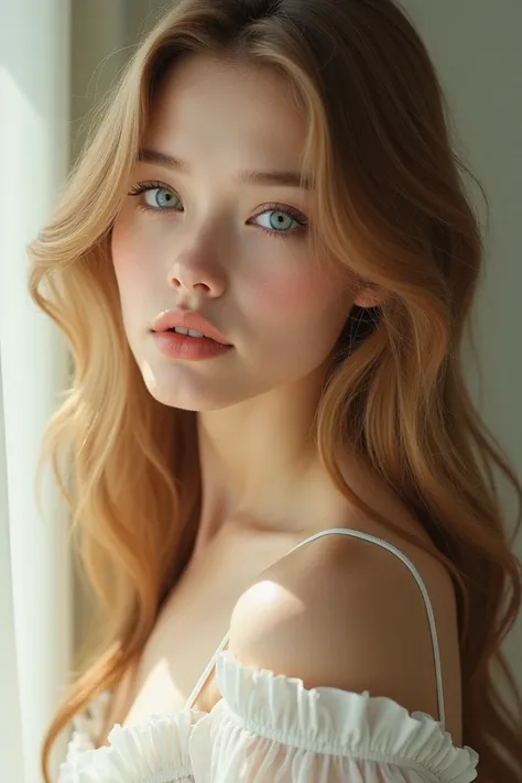 Giel extremely beautiful and super feminine girl, pale, basically transparent, perfect eyelashes, perfect nose, sea blue eyes, dark golden blonde hair, long 60s style