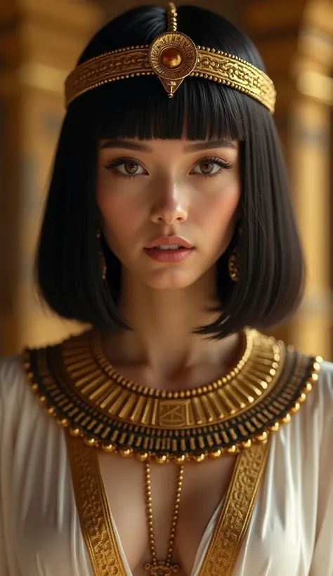 Singing Cleopatra、Arab、１０代woman、Very beautiful eyes、Moisturized lips、woman, black short straight hair,  dark eyes,  wearing an ancient Egyptian royal costume, White and Gold,  WEARING ,  standing on top of her head ,   full body shot ,  sexy、 looking at th...