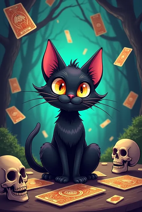 Black cat cartoon,  tarot and skull cards