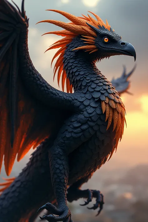 A dragon with a raven beak and feathers, black and oarnge color, male, detailed feathers and scales 