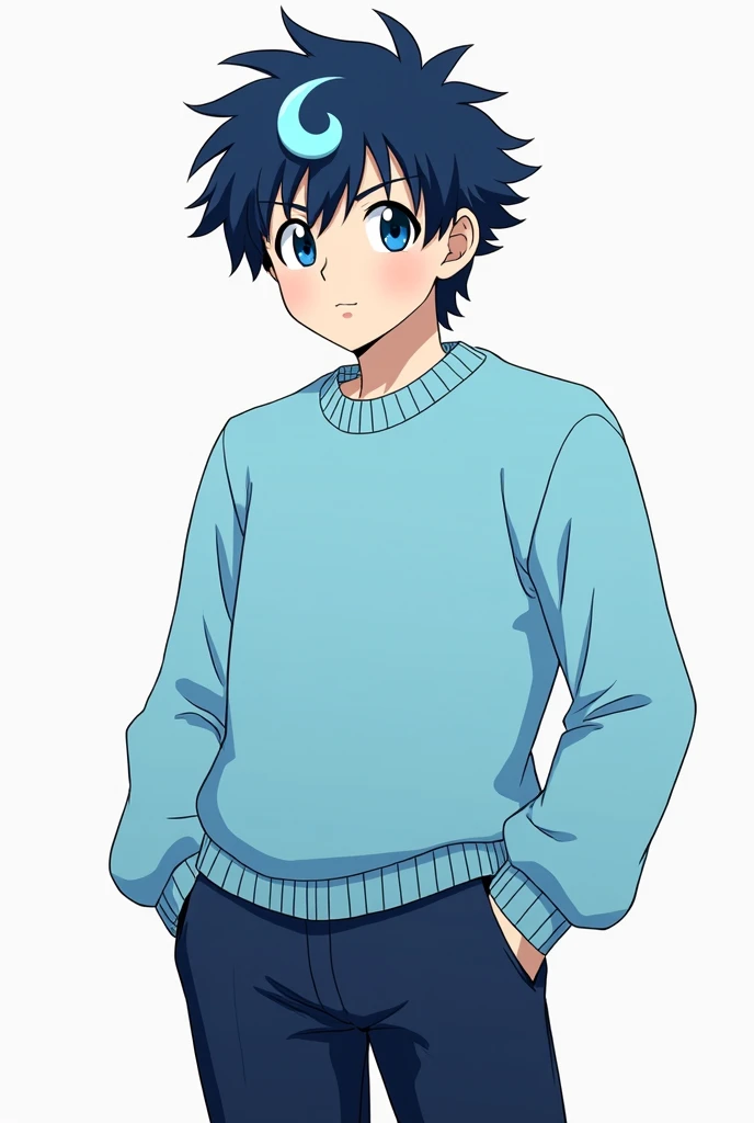  Hasme in an anime in the style of ranma ,  with dark blue hair,  blue eyes ,  average height , a light blue curl in the hair located on the forehead, man with a round chin , light blue sweater and dark blue pants, white