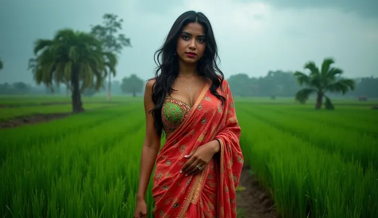 A beautiful Indian woman standing in a lush, green farmland in a rural village, during the rainy season. The sky is overcast with soft, dark clouds, but the weather is calm, with a gentle drizzle falling. The woman is dressed in a vibrant traditional sari,...