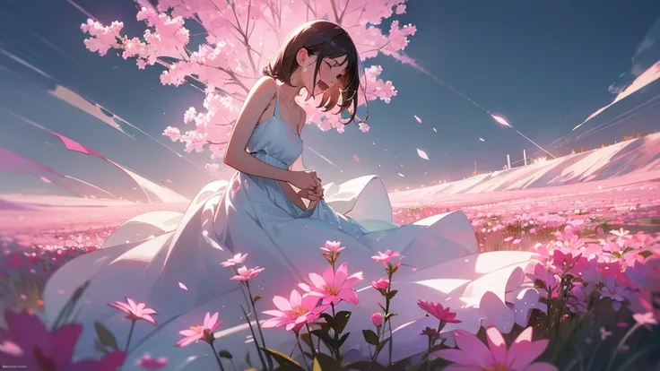 Best Quality, masterpiece,  ultra high resolution  ( photorealistic: 1.4),  RAW Photos,  1 girl,  white dress , Bare Shoulder, Pink flower field in full bloom,   growing skin  ,   Crying and laughing ,Backlight, movie light effect, 