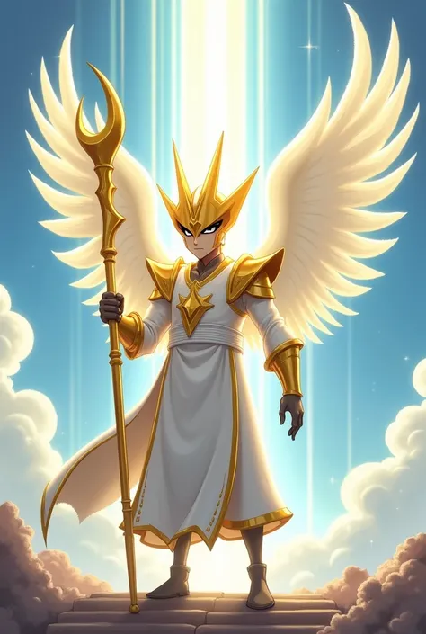 Angemon in 2D style: A humanoid angelic Digimon clad in white robes with golden accents, wielding a glowing staff. His face is partially hidden by a golden helmet, leaving only calm and determined eyes visible. Six majestic white wings spread gracefully, r...