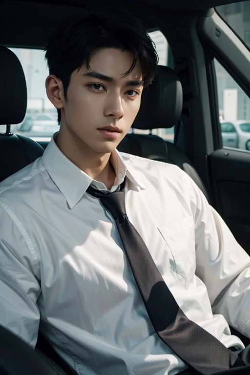 arafed male in a white shirt sitting in a car, inspired by Yanjun Cheng, Artwork in the style of Guweiz, by Yanjun Cheng, inspired by Russell Dongjun Lu, by Russell Dongjun Lu, by Zhang Han, guweiz,   Sakimichan Frank Franzzeta  , ross tran style, by Ren X...