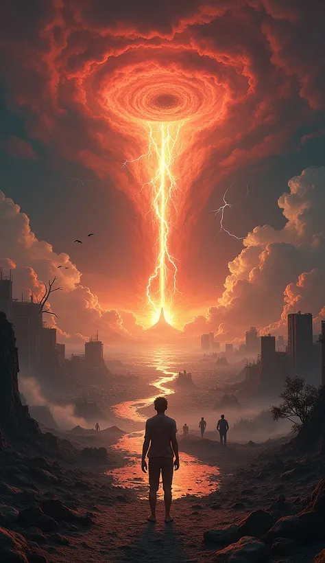 A vivid and symbolic depiction of the end of Kaliyuga. The image shows natural disasters like massive earthquakes, erupting volcanoes, and tsunamis engulfing the land. The sky is dark and ominous, filled with red and black clouds, with lightning streaking ...