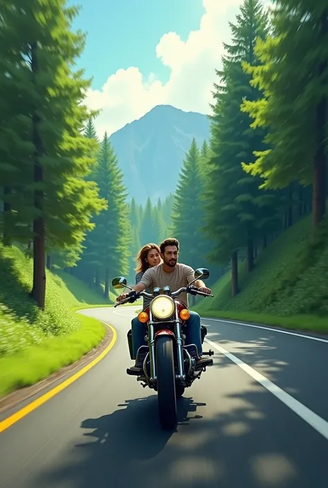 Going throug a highway  road riding on motorcycle  a male and a female sitting on back sit of the bike green forest in Both side of the road