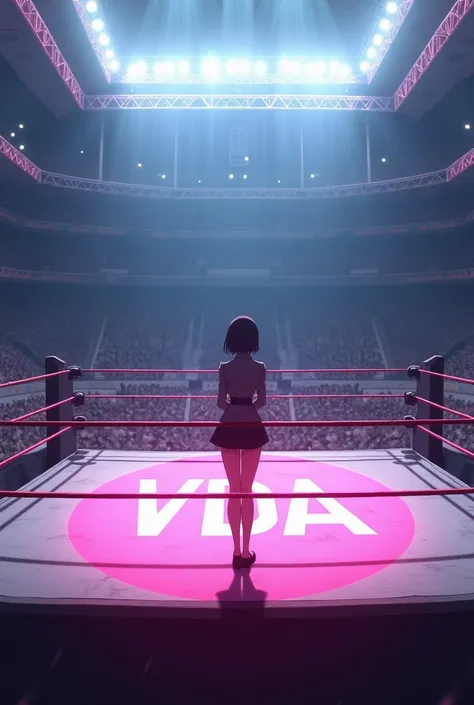 anime, Empty wrestling ring, with the print of  "VDA "  pink color ,  a commentators table, Big stadium, beautiful woman with short black hair executive dress in the ring.