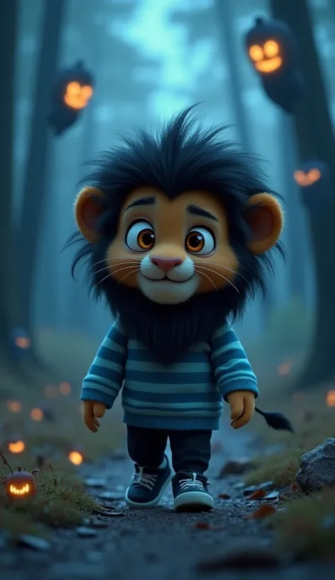 "Kittu, a 4-month-old male baby lion, fluffy black human hair fur with a long, rounded mane, large golden eyes, and a nervous smile, animated. Wearing a striped blue-and-white nightshirt and black pant , sneakers footwear. The background is a dark forest p...