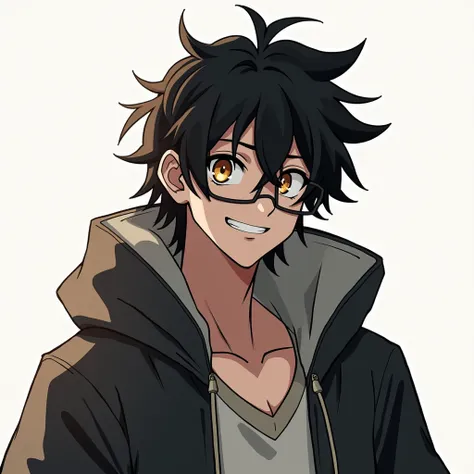 Tall, airy, well-proportioned man with black hair., Short hair, Messy hairstyle, Golden eyes,  Smiling Teeth ,  Symbolic Eyes, Smiley face, Character design, Hood, Wear glasses, Mask,  movement lines, 