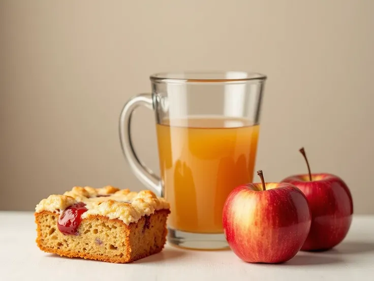 Create a cup with apple juice ,  and on the side an apple cake and two red apples. real image.