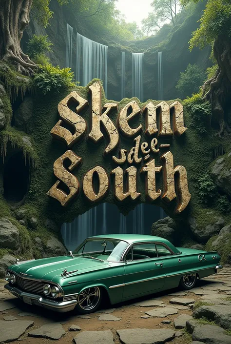 Écrire le mot " Skem Del South " en lettrage police de caractère gothique old english effet pierre fissuré craquelés , mousse végétale ,cascades chutes deaux,files barbelés piquants chromés,une lowride impala 63 verte foncé avec des jantes lowride chromé o...