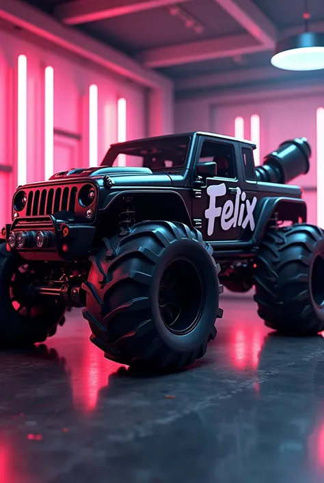 Super car Jeep monster modified black color, trumpet shape exhaust,big tire wheel , body sticker with name  "felix" looks real ,neon indoor background.