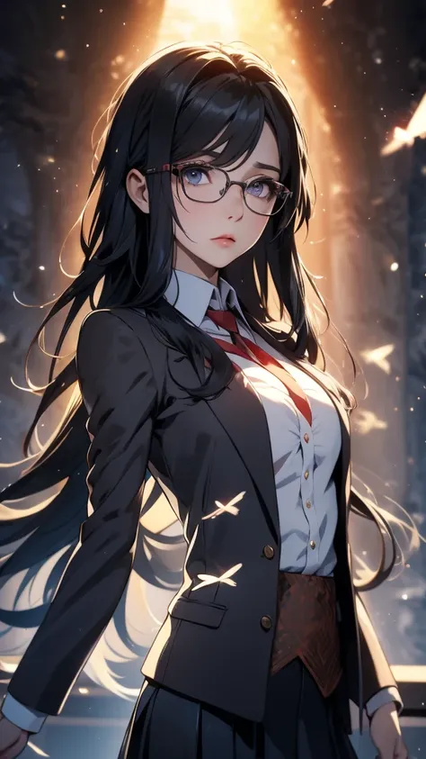 ( debris flies,  best quality,  high definition , Ticker,  Perfect Pixel ,  written boundary depth, In 4K), 1 adult female , Alone, ,  beautiful anime woman , teacher, school teacher,  wearing glasses ,  wears a suit wearing a jacket,  tight skirt , classr...