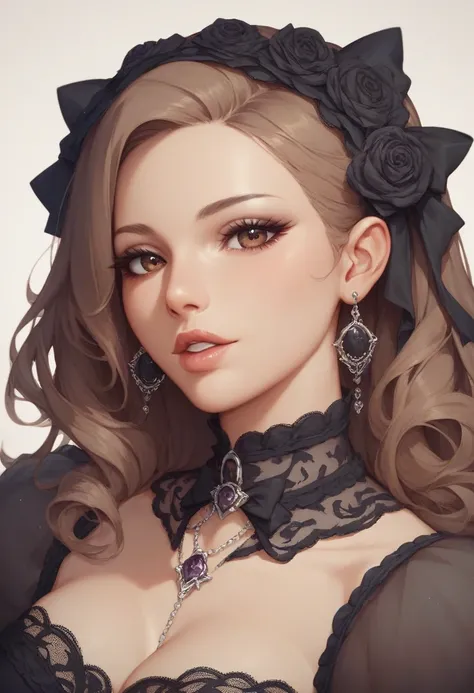 beautiful girl　Black sheer lace　Gothic Lolita Fashion　parted lips  1girl   long dark brown hair   brown eyes  light brown skin    hair 