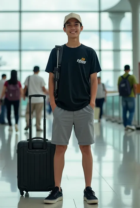 a man, from Indonesia. The 20 year teenager was wearing a cream colored ball cap, gray shorts, wearing sneakers, carrying a tripod and carrying a suitcase on wheels. wearing a black t-shirt with the logo "ED", Editor Desa". posing facing the camera with bo...