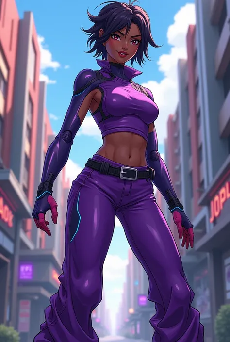  anime style,  purple superhero girl costume , negro,   with loose pants , cyberpunk, cuerpo completo,  My hero Academia costume ,  y3k ,  wide pants with the lower part loose and the upper part tucked tight with tight sleeves