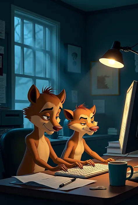 Image of Timón and Pumba tired working on a computer late at night in their very ugly office