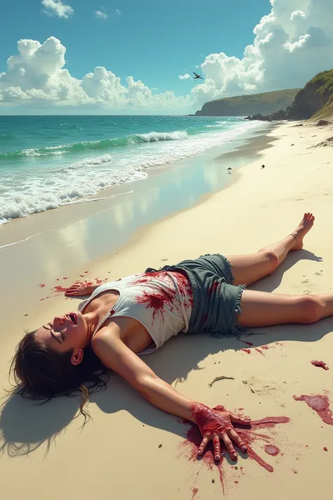 Injured teenager lying on the beach 