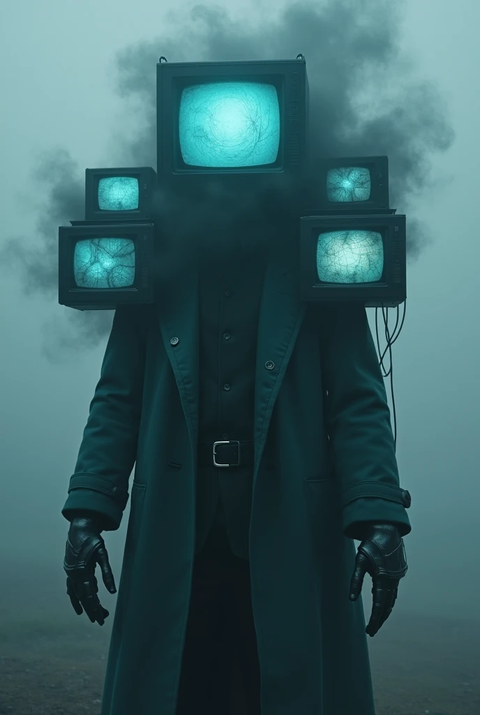 Custome titan tv man (tv head with neptune blue hue and black fog, a trench coat snd metal knucle gloves, two smaller tvs on each side of the main head, two small tvs on shoulder with a foggy crack)