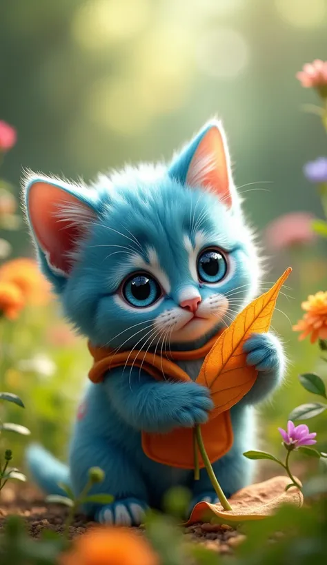 Ultra-detailed (a cute, bright blue-eyed kitten WEARING A NARUTO COSTUME and playing with a leaf in a sunny garden surrounded by wildflowers), Hyper-realistic, cinematic lighting, 4k.