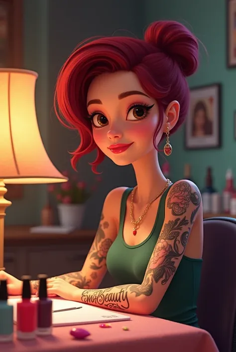 Pixar cover of manicurist girl with brown eyes burgundy red hair tattooed arms Edna Beauty sign on a table with lamp and lots of nail polish 