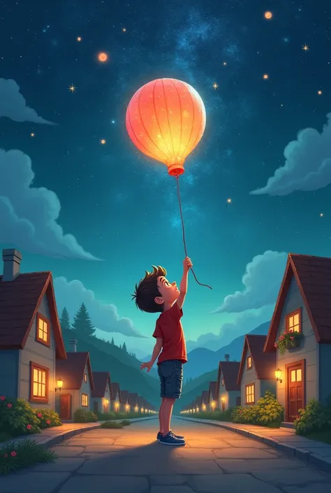 Boy with a dream balloon dreaming that his small town has a starry sky