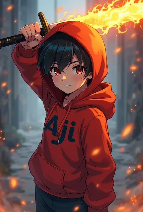 Anime Boy wearing hodie that says Aji Holding Fire Sword