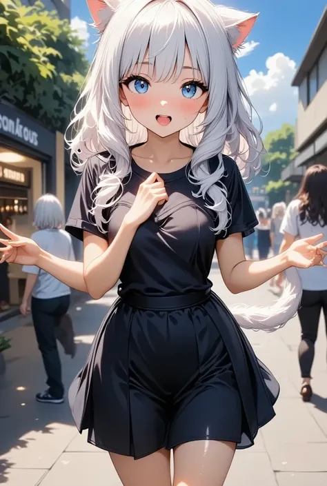 １  girl １  boys, Anime cat girl ,  Her eyes are big 、  I was full of curiosity ,   She looked excited and happy when she saw me , beautiful cat eyes  , ((( pure white wavy hair ))),   blue eyes , good picture,  anime 2D , 2D,   beautiful hands, Good move.,...