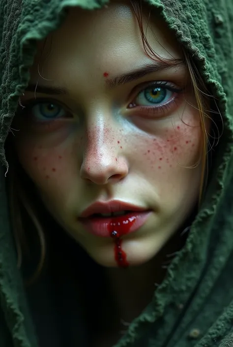  Create an image of an elf with dark and shiny eyes ,  sharp yellow teeth with some blood , wrinkled skin that was caused by a spell ,  then he meets a woman who is beautiful and curious and wanted to know that she lived in the forest , Then he creates ano...